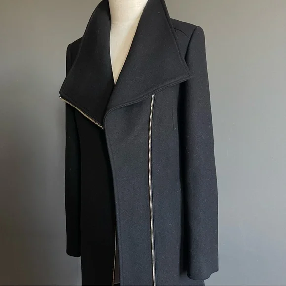 Cole Haan Wool Asymmetric Zip Coat | Minimalist Black Long Coat | Size 4 - Picture 4 of 12